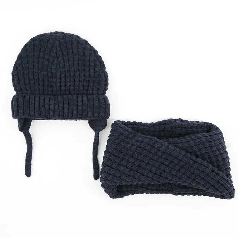 new winter knitting with ear string baby beanies scarf sets boys girls hats collars suits solid color children infant caps wraps