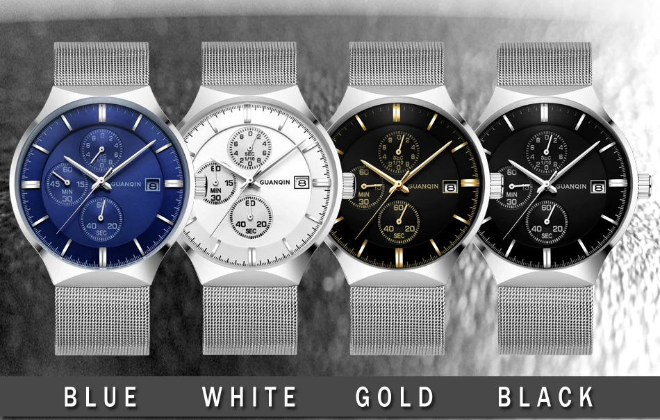 2018 GUANQIN Brand Luxury Men's Fashion Chronograph Calendar Watches Men Business Casual Mesh Band Waterproof Quartz Wrist Watch