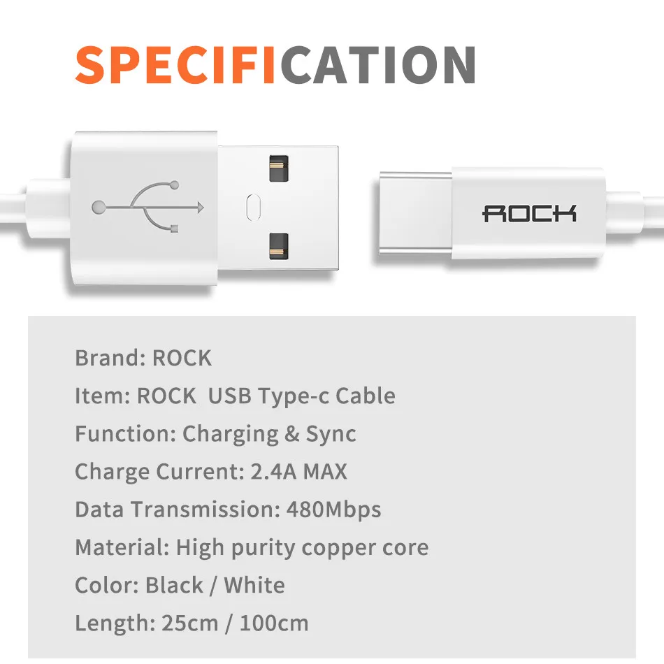 Дата-кабель USB type c, ROCK 2.4A Быстрая зарядка USB C кабель для samsung s9 s8 usb-c type-c зарядное устройство для Xiaomi mi8 mi6 телефонный шнур