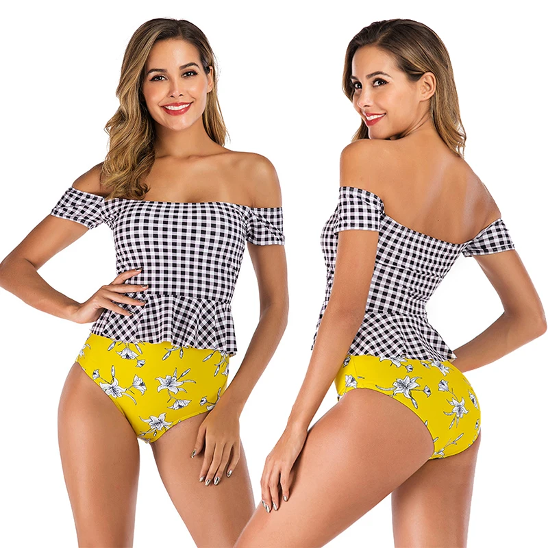 

High Waist Bikini Sets Women Off Shoulder Ruffles Flounce Swimsuits Push Up Tankini Tummy Control Plus Size Swimwear 2019 Female