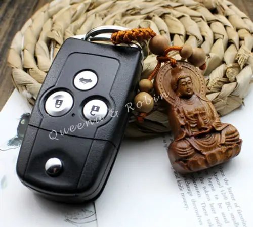 Wood Carving Chinese Buddhism Guan Kwan Yin Buddha Statue Pendant Key Chain