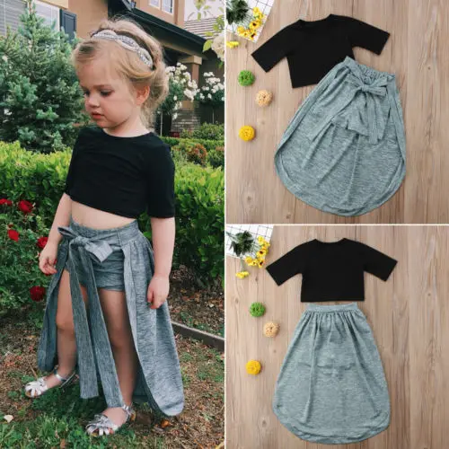 New Summer Kid Girl Clothes Set Baby 2Pcs Exposed Navel Crop Tops Short Pant Bow-knot Skirt Infant Outfit Chidlren | Детская одежда и