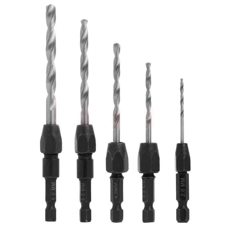 

5pcs 1/4" Hex Shank Wood HSS Drill Bit Set 2/3.2/4/5/6mm Quick Change Metal Tools