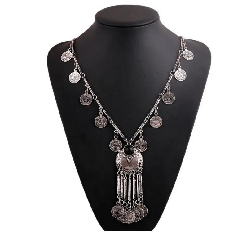 Новинка, Брендовое модное винтажное ожерелье в стиле бохо с антикварной монетой для женщин, массивное длинное ожерелье с кисточками, богемное Макси ювелирное изделие, XY-N54 - Окраска металла: Black