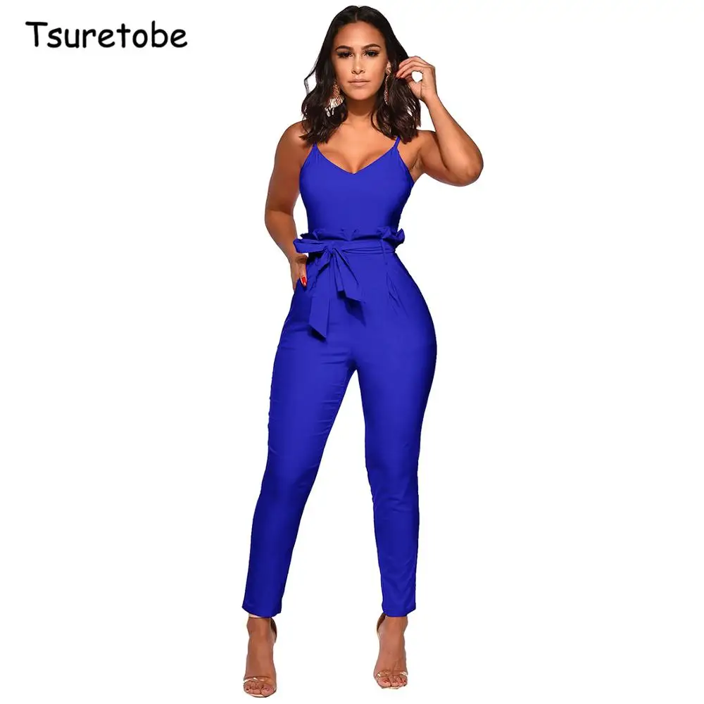 

Tsuretobe Casual Spaghetti Strap Jumpsuit Backless Women Elegant Romper Sleeveless Office Lady Overalls Zipper V-neck Outfits