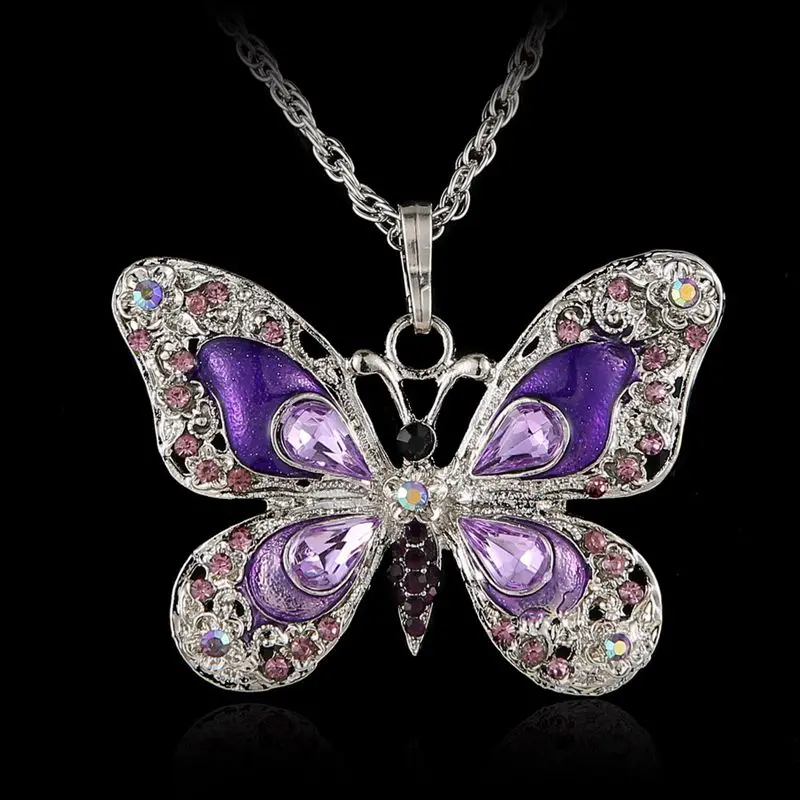 Rinhoo красивые Стразы ожерелье с бабочкой для женщин ожерелье подвески серебряные ювелирные изделия - Окраска металла: purple