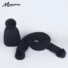 Детская зимняя шапка и шарф; комплекты с натуральным кроличьим мехом Pom Hat теплые вязаные Кепки шапочка Skullies Шапки для девочек и взрослая женщина