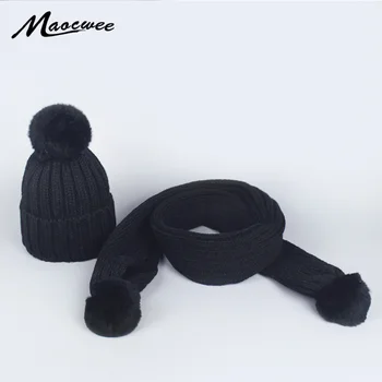 

Children's Winter Hat And Scarf Sets Real Rabbit Fur Pom Pom Hat Warm Knit Cap Beanie Skullies Hats For Girls and Adult Woman