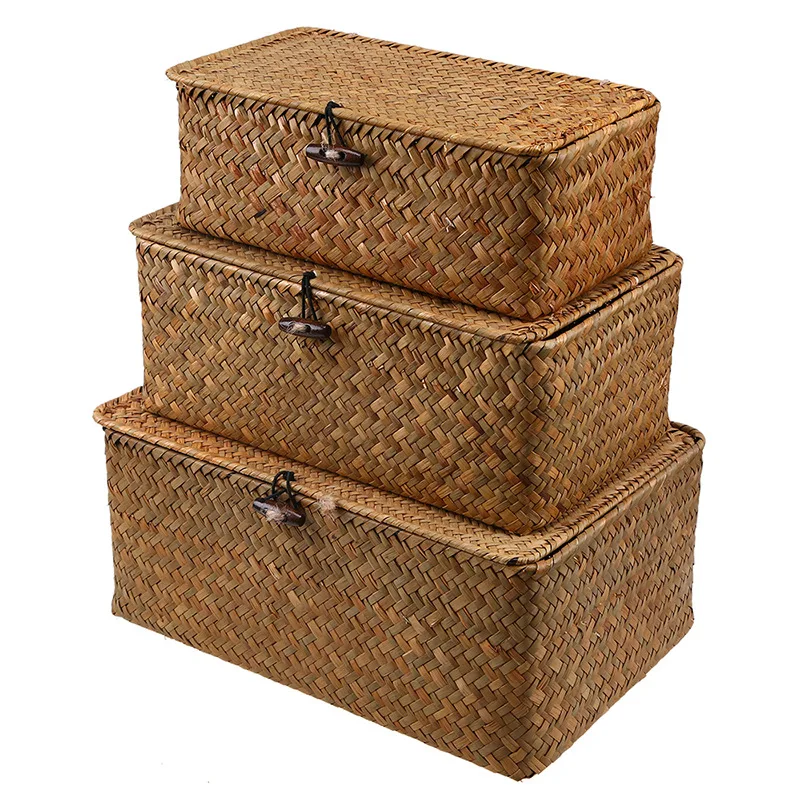 Handmade Seagrass Woven Storage Box Seaweed Storage Finishing Basket with Lid Sundry Bath Cosmetic Towel Container mx01161829