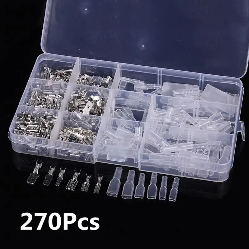 

2.8/4.8/6.3mm Female to Male Flat Plug Crimp Cable Terminals Connector Kit Tinned Brass Spade Terminal Connector Set 270 pcs/box
