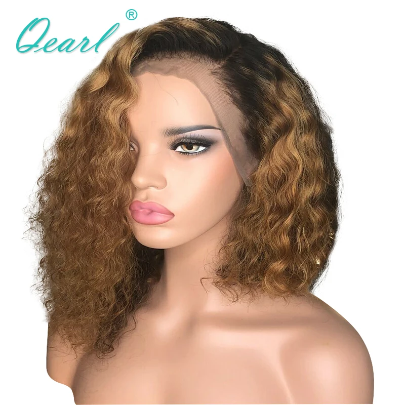 

Half Lace Human Hair Wig 13x6 Lace Front Wig Deep Side Parting Ombre Color Curly Remy Hair with Baby Hairs Pre plucked Qearl