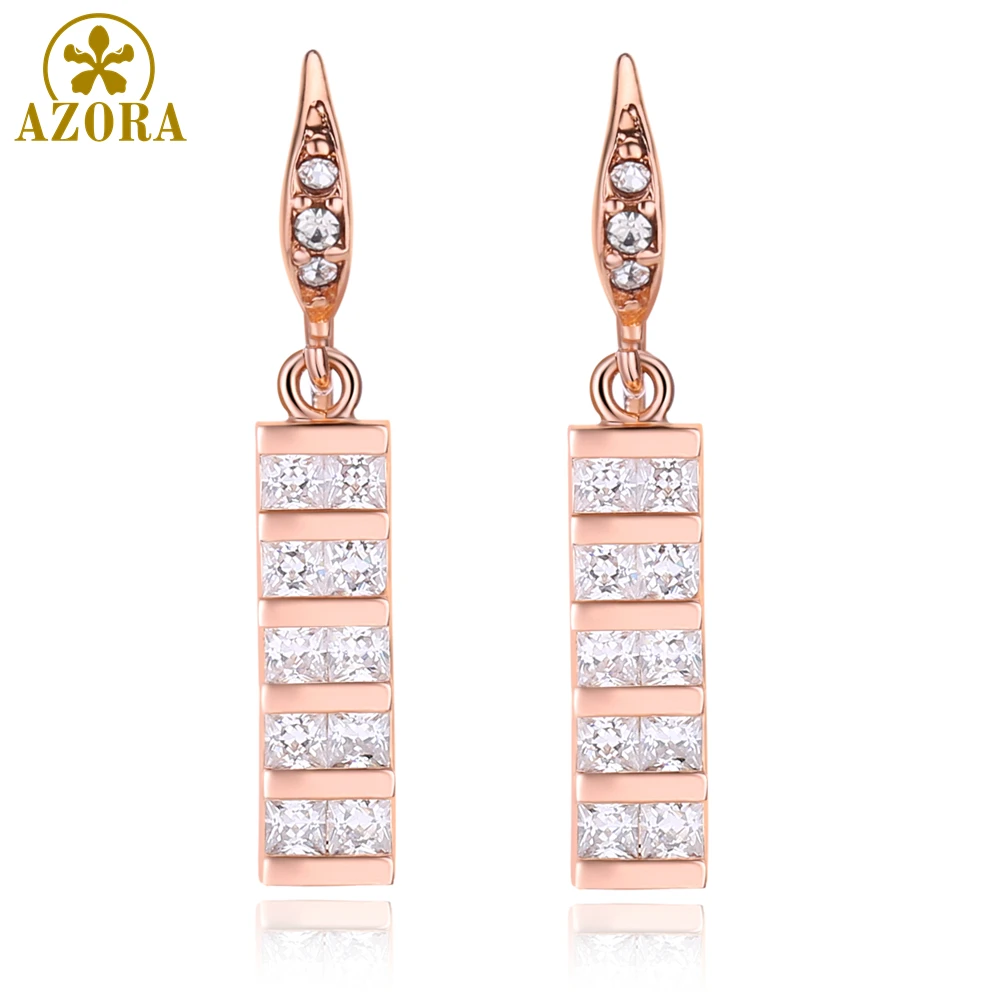 AZORA Full Paved Square Cut Clear Cubic Zirconia Rectangle Drop Earrings for Women Rose Gold Color Jewelry TE0347