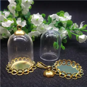 

25*18mm Cloche Glass globes Bottle jar Pendant gold color double lace tray Base Terrarium Charm Apothecary Jewelry Supplies