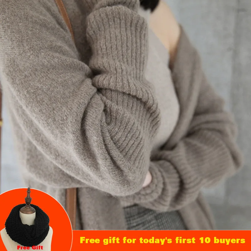 

High Quality Winter Warm Long Cashmere Coat Female Wool Sweater Long Cashmere Female Cardigan Knit Feminine Coat Lady's Sweater