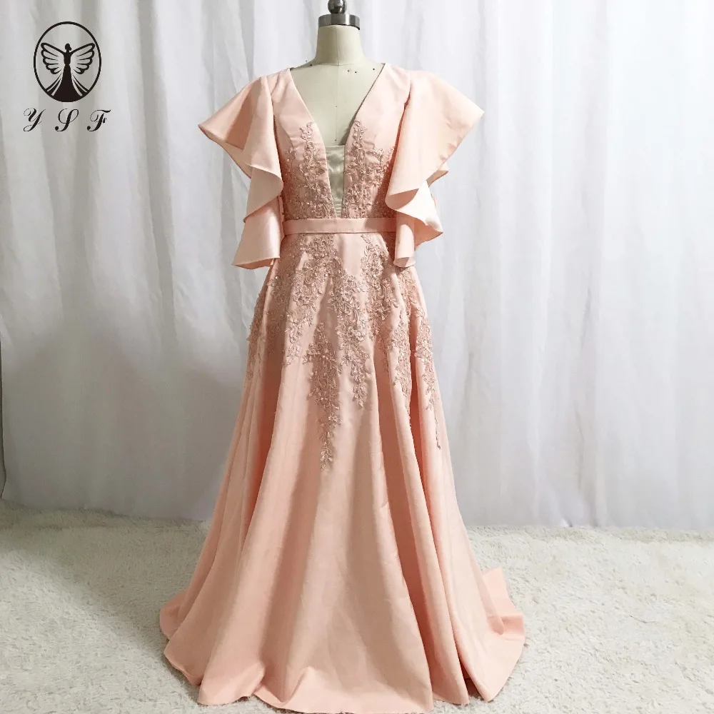 

Elegant Plunging V Neck Appliqued Beaded Pearls Short Sleeve A Line Floor Length Formal Prom Dresses 2018