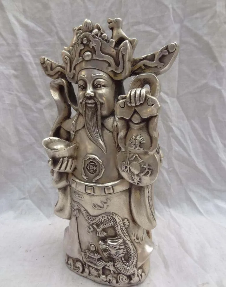 

11" Chinese Silver Dragon Head FengShui Wealth YuanBao Mammon Money God Statue