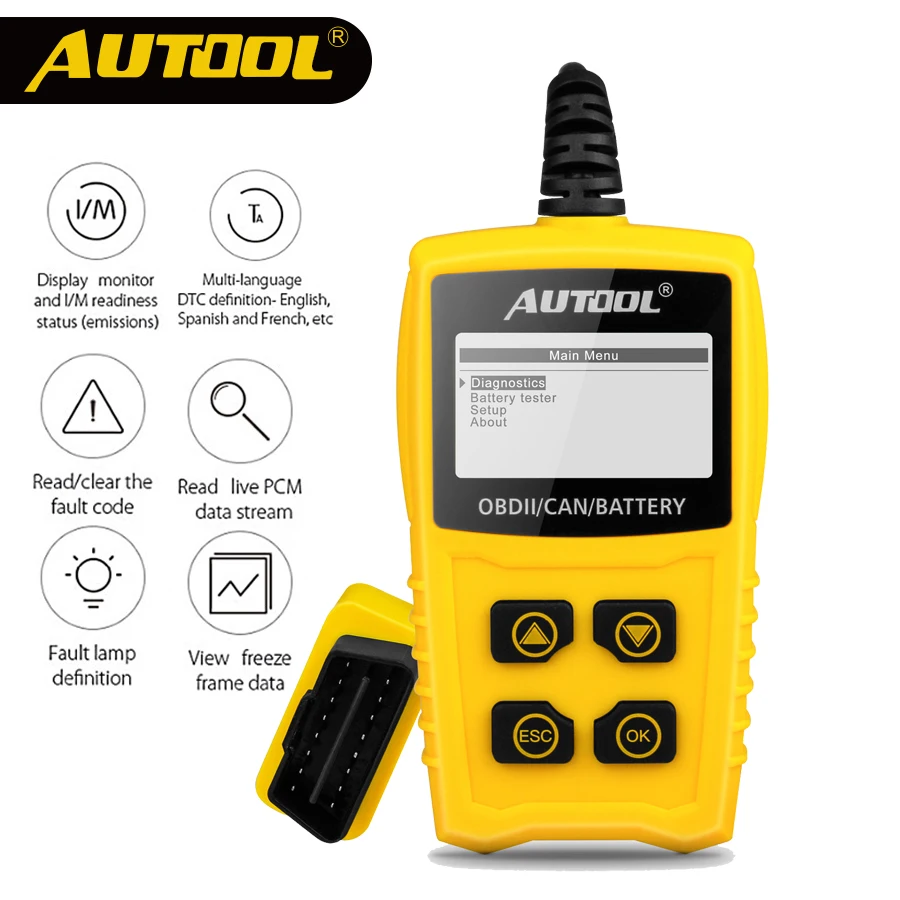 

AUTOOL OBD2 Code Reader Scan OBDII Car Diagnostic Scanner Auto 12VBattery Voltage Tester Multilanguage OBD 2 Scanner 2.4inch LCD