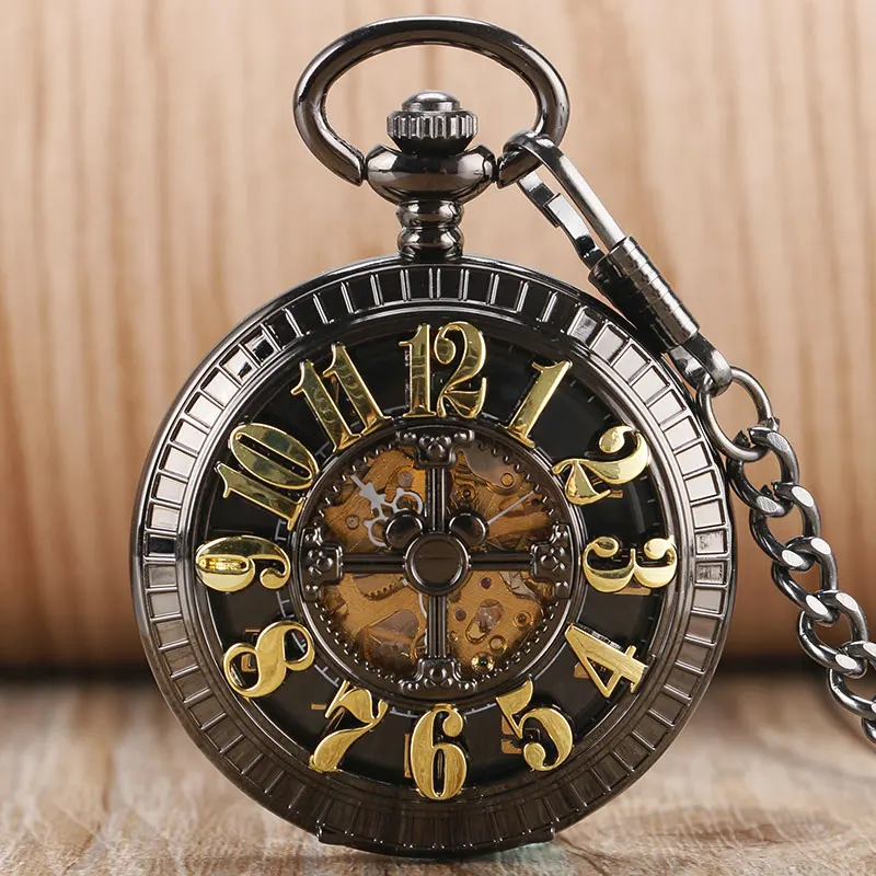 

Vintage Skeleton Elegant Pocket Watch Steampunk Automatic Mechanical Black Fob Clock Chain Men Women Gift for Christmas P2051C