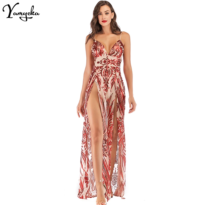 

Sexy Red Sequin Summer Dress women christmas bandage maxi party dress elegant bodycon Night club ladies long dresses vestido New