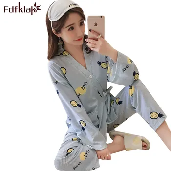 

Fdfklak New Sexy Two Pieces Set Women Long Sleeve Pajamas Spring Autumn Cotton Pajama V-neck Ladies Pijama Pyjama Femme
