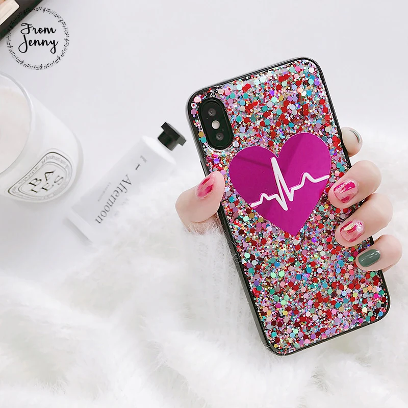 

From Jenny Crystal Love Heart Phone Case for iphone 7 7plus 6 6s 6plus 6splus 8 8plus X Rosepink glitter Soft back cover