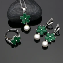 Серебро 925 ювелирные наборы невесты пресноводный жемчуг зеленый камень для женщин вечерние ювелирные изделия из стерлингового серебра с цветком серьги ожерелье набор