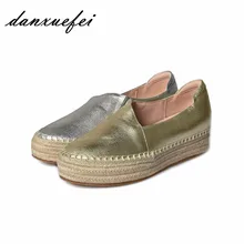 Для женщин Пояса из натуральной кожи без шнуровки на Лоферы для женщин Брендовая Дизайнерская обувь Конопля снизу Туфли на плоской платформе для отдыха слипоны Серебристые Мокасины Лидер продаж