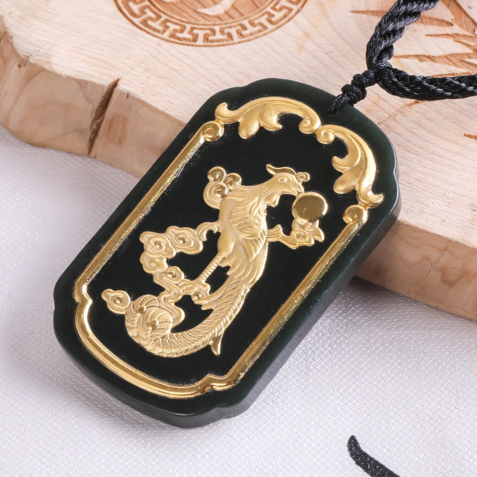 Fashion Gold Inlaid Jade New Fine 24K Yellow Gold Natural black Hetian