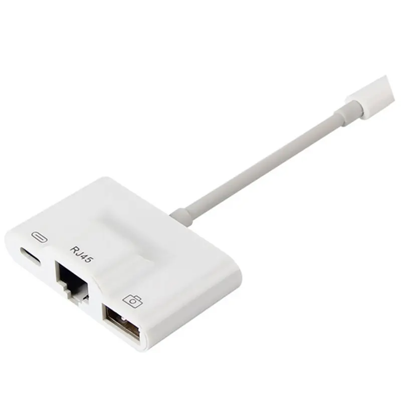 SODIAL Adaptador de Red Cableada LAN Ethernet Rj45 Compacto para iPhone Adaptador Ethernet para iPad Cable Cargador Puerto USB Multifuncional 3 En 1 