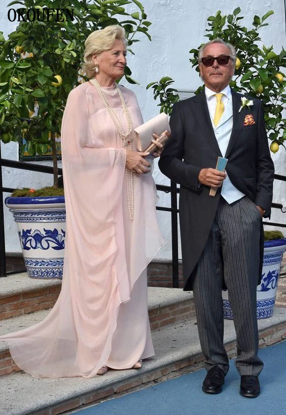 

Mother of the Bride Dresses or Groom Gown for Wedding 2019 Cape Wrap Pink Chiffon Wedding Party Gown vestido de madrinha farsali