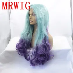 MRWIG настоящие волосы глядя длинные волнистые синий/фиолетовый средняя часть 26in синтетических бесклеевой спереди парик для женщины