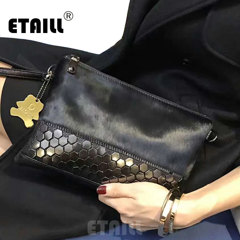 

ETAILL 2018 Studded Horsehair Genuine Leather Envelope Rivet Clutch Famous Luxury Real Leather Bag Women Messenger Celebrity Bag