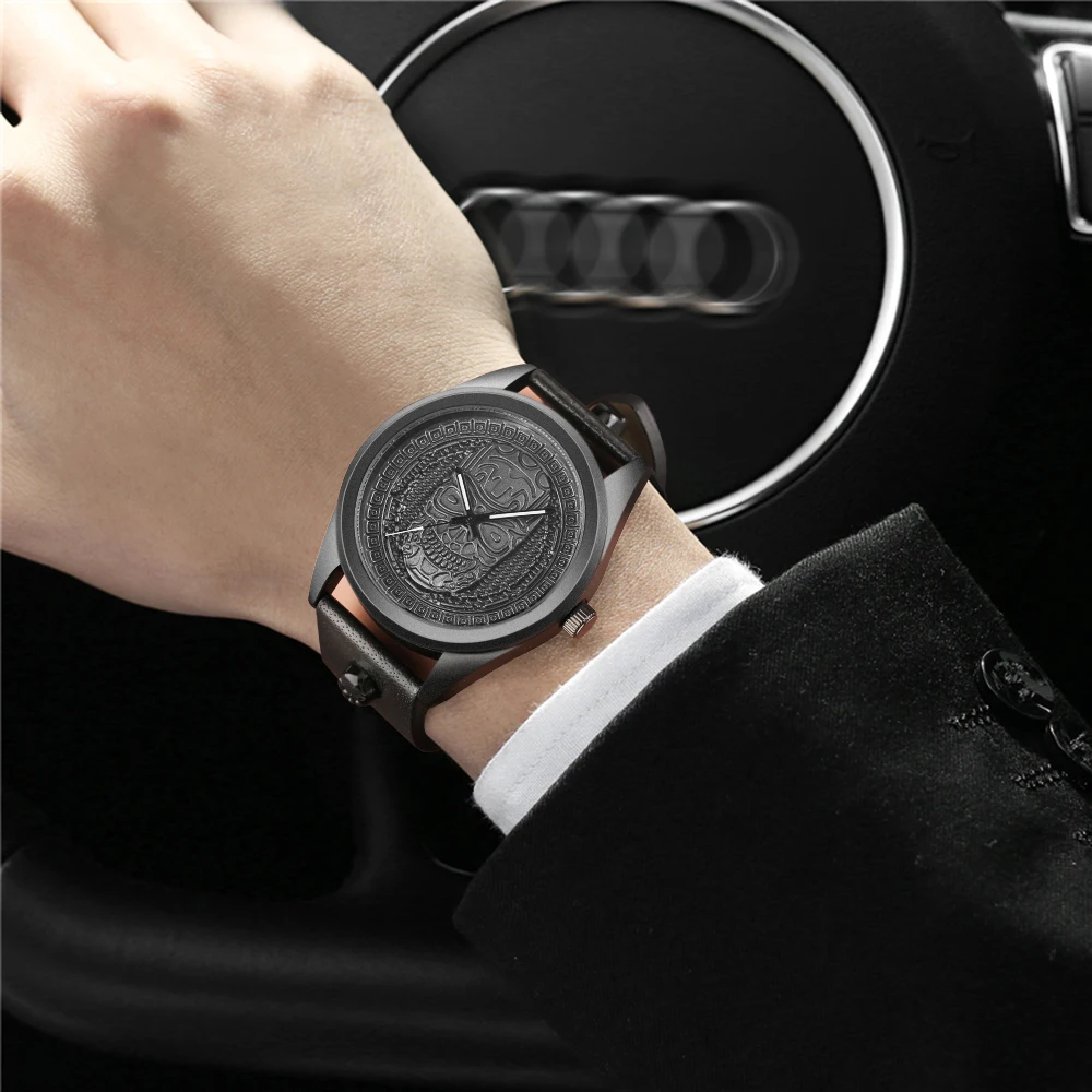 Bronze Retro Steampunk Skeleton Men's Watches Creative Skull Head Dial Vintage Quartz Clock Genuine Leather Band Punk WristWatch (19)