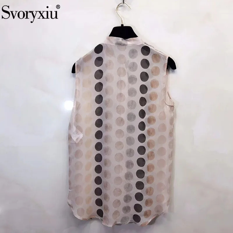 Svoryxiu Silk Blouse Shirt Women's Runway Designer Summer Bow Collar Polka Dot Printed Sleeveless Blouses Tops