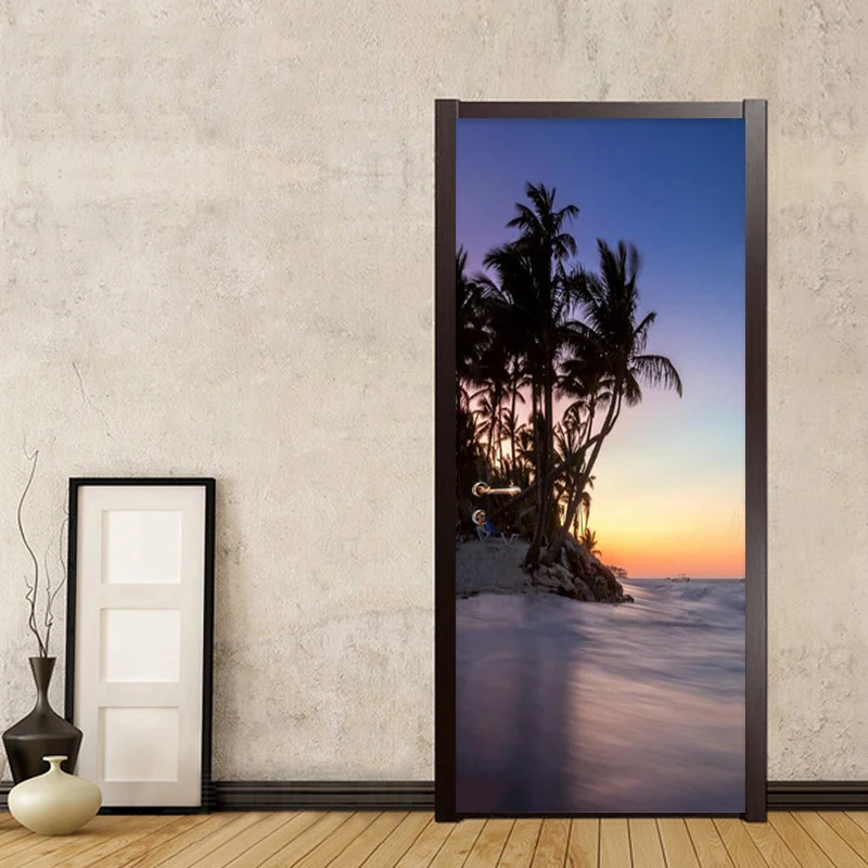 

Beach Sea View Door Sticker 3D Living Room Bathroom PVC Waterproof Wallpaper Home Decor Door Decals 3D Paste Wall Stickers Mural
