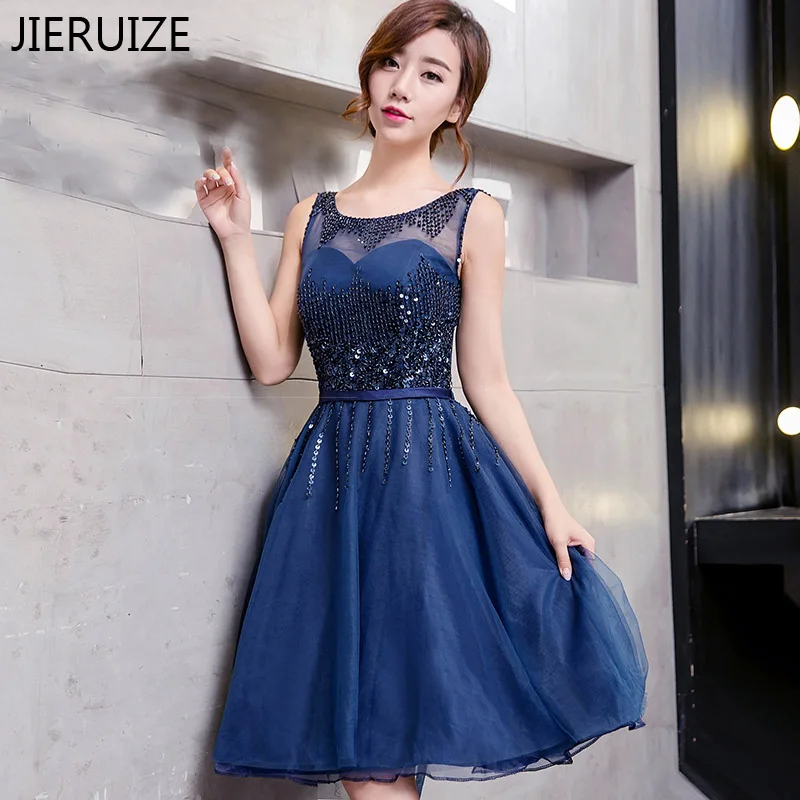

JIERUIZE Dark Navy Blue Beaded Short Prom Dresses 2017 Lace Up Back Short Cocktail Party Dresses Short Evening Dresses