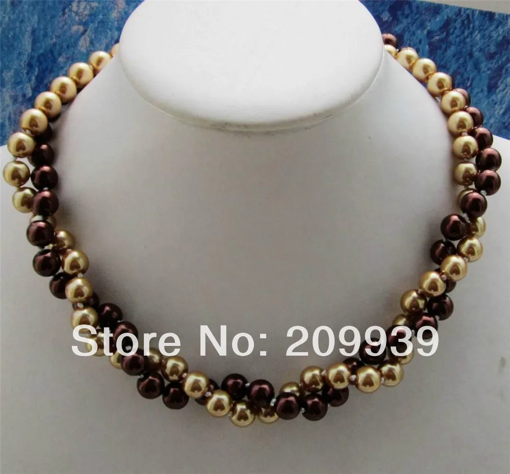 

free shipping 003497 Charming 2 rows 8mm Gold & Brown Sea Shell Pearl Necklace