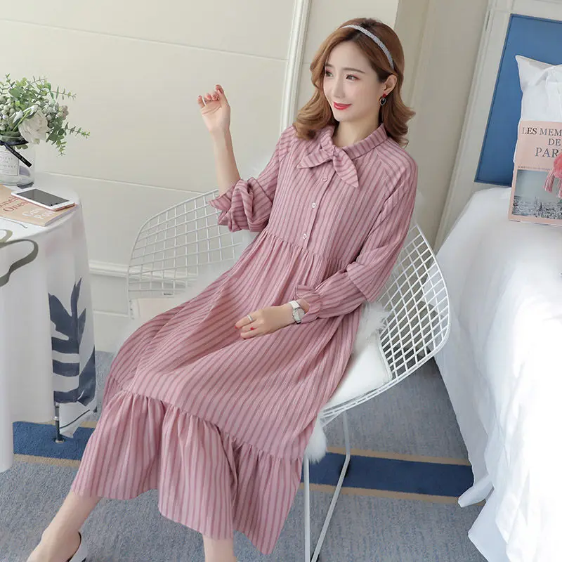 

Maternity Spring Dress Breastfeeding Clothes Autumn Fashion New Long Bow Collar Loose Plus Size Lady Dress Elegant Vestido f1322
