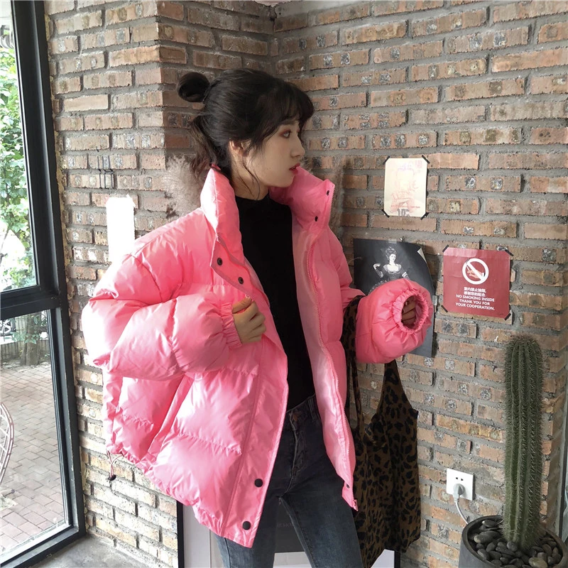 Bright Colors Winter Jacket Women Parka Warm Thick Solid Short Style Cotton Padded Parkas Coat Loose Stand Collar Outwear