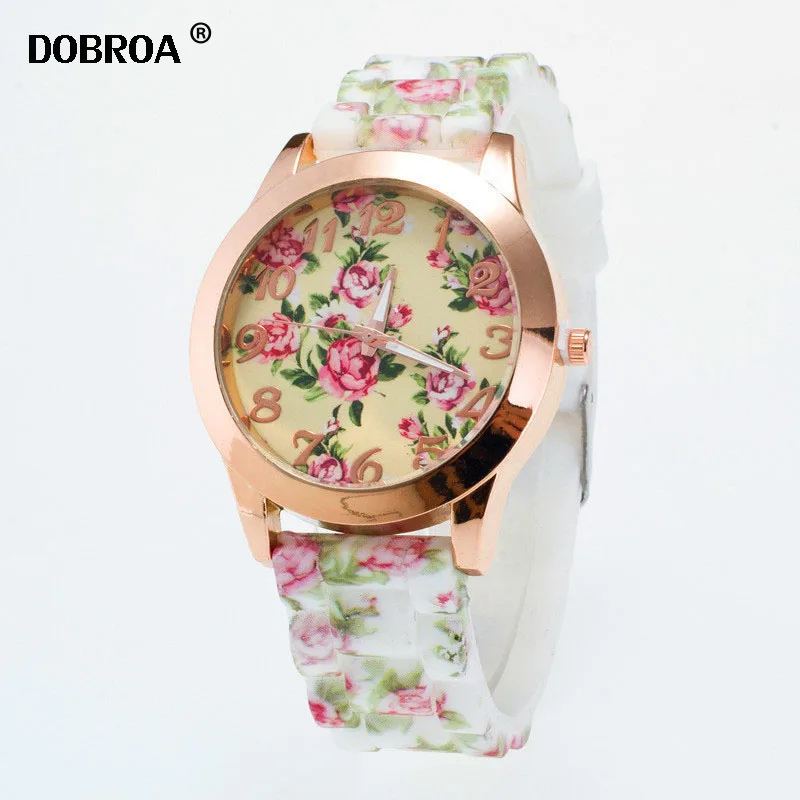 

DOBROA Horloges Vrouwen Bloemen Women Watches Gold Watch Round Case Flowers Top Silicone Colock Women Sweet Girl Watch Luxury