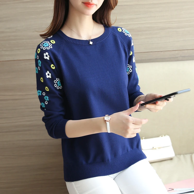 كم رئيس التطريز القطن crewneck سترة قصيرة سترة الإناث قميص بأكمام المباراة جديد الشتاء اللباس.