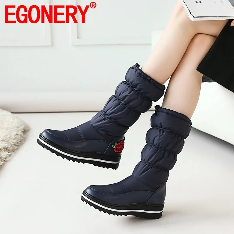 

EGONERY shoes woman 2019 winter new fashion round toe mid calf boots outside comfortable mid heels platform shoes drop shipping