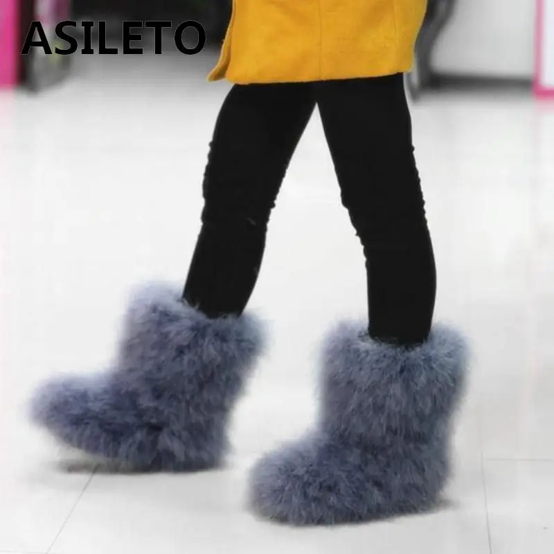 

ASILETO shoes Woman ankle Boots women Genuine Real hairy Ostrich Feather furry Fur ski Eskimo boots botas booties bottines T517