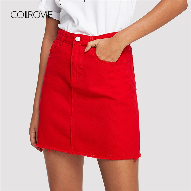 red ripped denim skirt