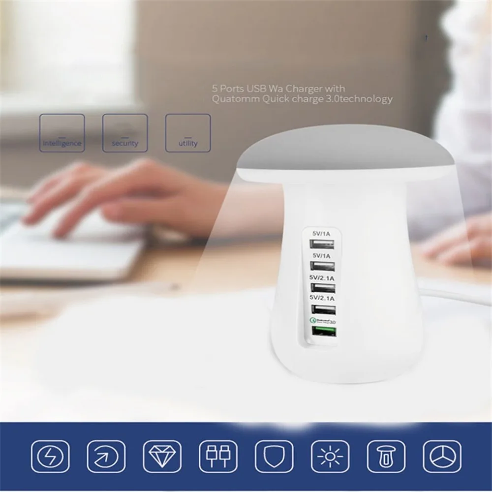 

Multi Port USB Charger Mushroom Night Lamp USB Charging Station Dock QC 3.0 Quick Charger for Mobile Phone Power Adapter