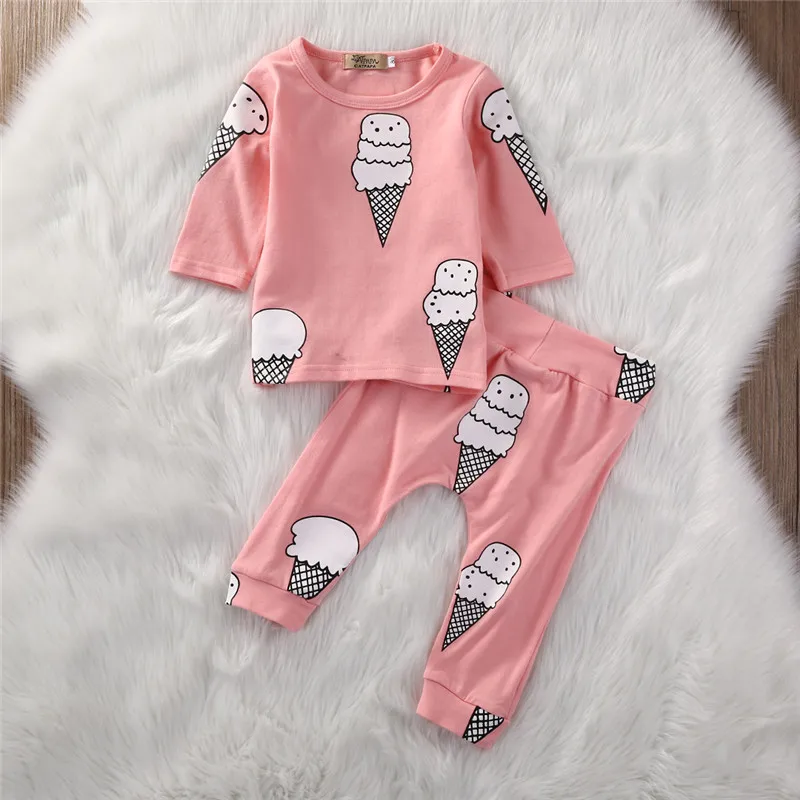 Комплекты одежды с длинными рукавами для маленьких девочек с рисунком мороженого; хлопковые топы и штаны; повседневные брюки; комплект одежды