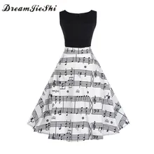 

Dreamjieshi woman summer robe V neck sleeveless dress Vintage Patchwork music notation Fit and Flare a-line dress vestidos mujer