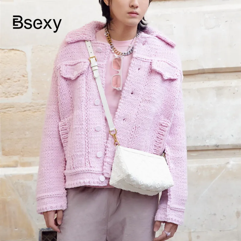 

Autumn Winter Warm Wool Blend Cardigan Women 2019 Runway Turn Down Collar Long Sleeve Single Breasted Pink Sweater Coat Cardigan