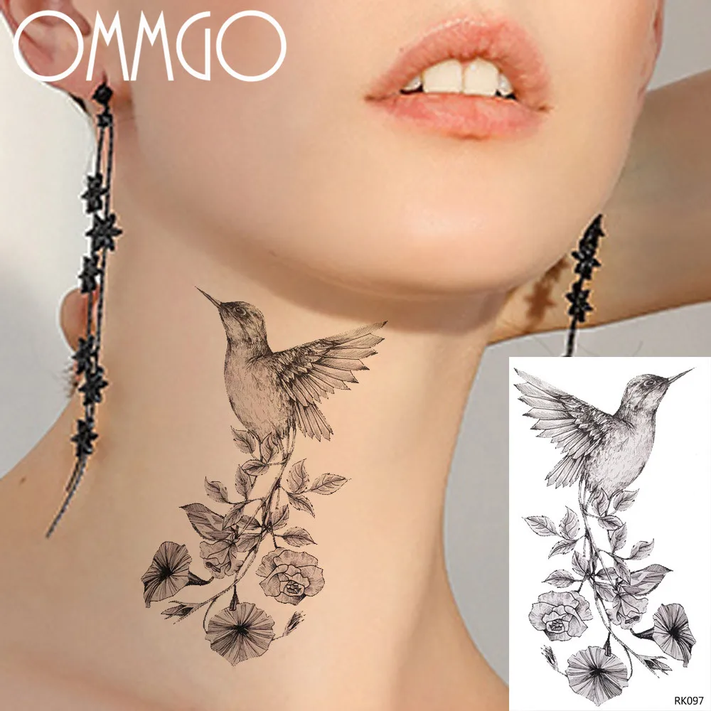 Временные татуировки OMMGO Morning Glory Bird для женщин наклейки Черные искусственные