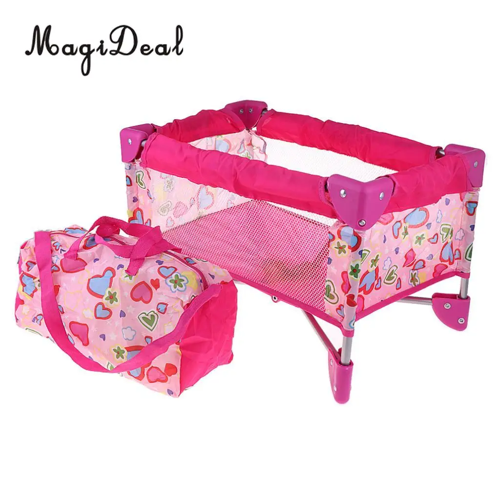 Simulation Baby Dolls Crib Bed with Carry Bag Kids Pretend Toys For Nursery Room Furniture Decoration Pink